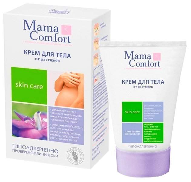 Крем для тела НМ Mama Comfort от растяжек 100 мл. (арт. 22010) Крем для тела от растяжек Mama Comfort предназначен для женщин вынашивающих ребёнка, либо недавно родивших. 
Довольно часто во время беременности у женщин происходит рубцевание кожи, кожные покровы попросту не поспевают за ростом тела. Оптимально подобранный состав крема Mama Comfort, питает кожу, увлажняет и повышает её эластичность и упругость. 
Входящий в состав комплекс REGU-STRETCH помогает восстановлению нарушенной структуры волокон в зонах рубцов. Гиалуроновая кислота, также входящая в состав, оказывает увлажняющее действие и предотвращает обезвоживание межклеточного пространства кожного покрова. 
Для предупреждения появление растяжек, а также уменьшения размеров уже существующих, желательно ежедневно применять крем Mama Comfort как в течение беременности, так и в послеродовой период.