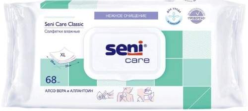 Влажные салфетки Seni Care Classic с клапаном 68 шт. (16235) Влажные салфетки Seni Care Sensitive используются для освежения и деликатного очищения кожного покрова, в том числе, для пациентов с инконтиненцией или предписанным длительным постельным режимом. Показаны для чувствительной кожи.