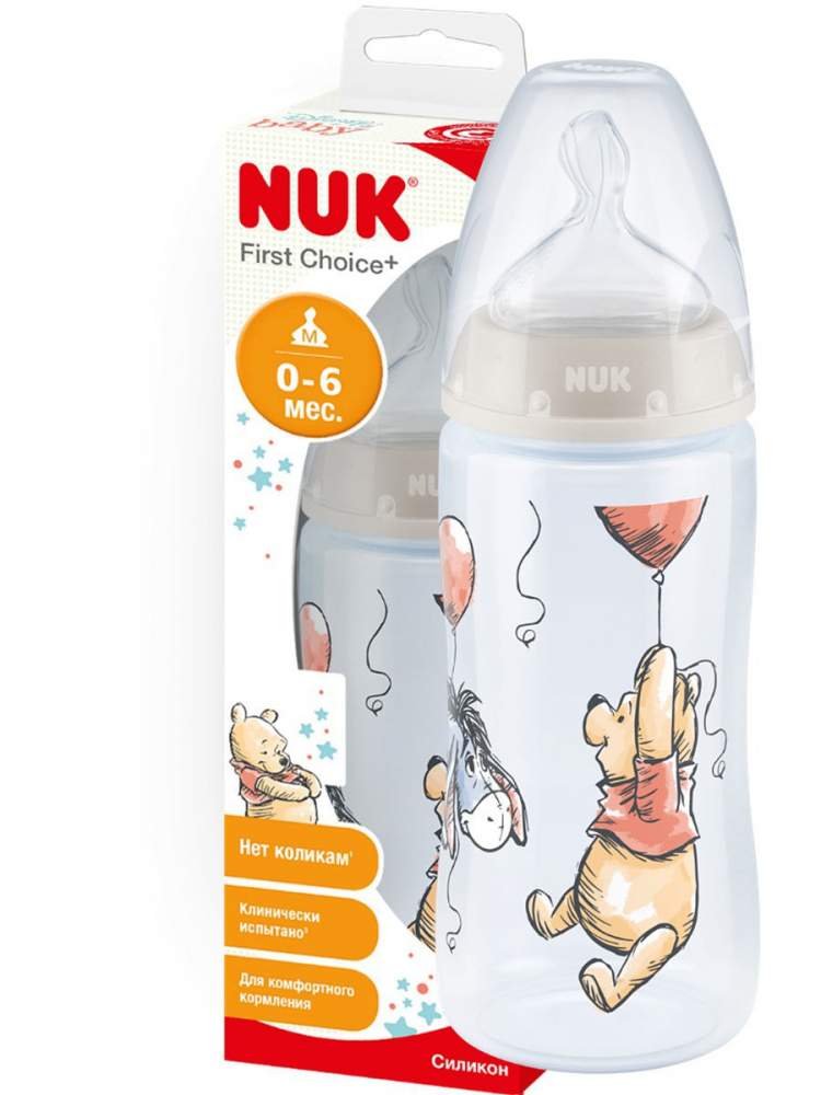 Бутылочка NUK FC+ Дисней Винни  300 мл. соска из силикона M 0-6 мес (арт. 10741012) С соской ортодонтической формы из силикона размер 1 (для детей  0-6 мес.) с отверстие М (для заменителей грудного молока)
Клинически испытано*: для оптимального сочетания грудного вскармливания с кормлением из бутылочки
Улучшенная антиколиковая система NUK Anti-Colic Air System cпособствует предотвращению колик 
Бутылочка из высококачественного легкого и прочного полипропилена, не содержит бисфенол-А
Коллекция ДИСНЕЙ "Медвежонок Винни"