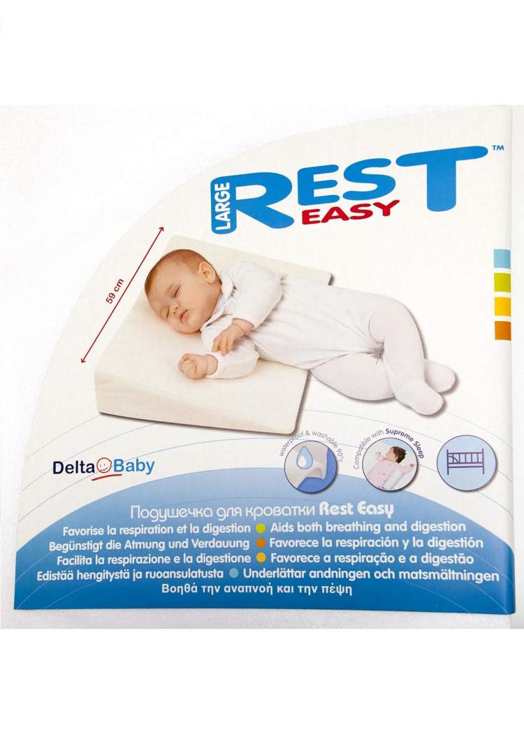 Подушка в кроватку Rest Easy (арт. 11010021) Rest Easy – подушка  кроватку имеет наклон и приподнимает верхнюю часть тела ребенка. В Европе по рекомендациям педиатров применяется для облегчения дыхания в случае заболеваний уха, горла, носа. Размер 59*35*9 см.