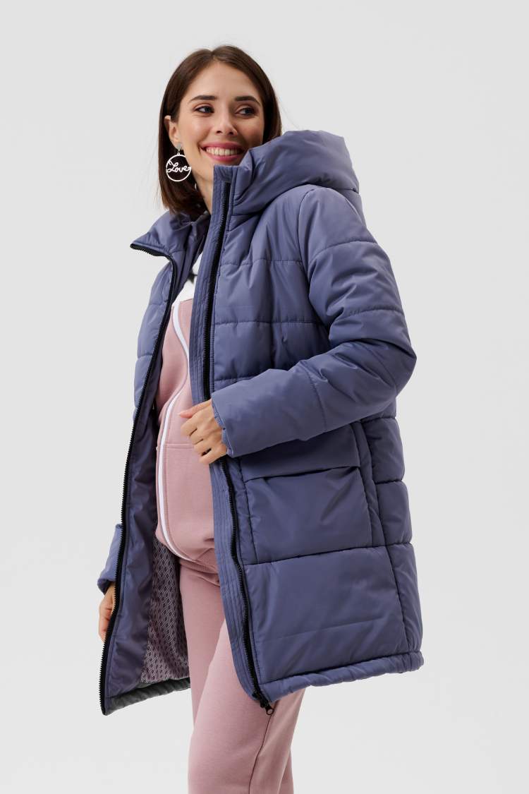 Куртка НМ зимняя для беременных; графит (Арт. 8100310) Куртка для беременных зимняя графитового цвета длиной до колен. Для удобства будущей мамы снабжена вставкой на молниях, которая дает дополнительный объем на животик. После появления малыша вставку можно отстегнуть, и к куртке вернется ее обычный стандартный размер. Внутри модели утеплитель холлофайбер (300 г/м полочка и спинка, 200 г/м рукава), он не скатывается, не теряет объема. Прекрасно сохраняет тепло и защищает от морозов. Материал куртки не пропускает влагу, не продувается, при этом куртка легкая и комфортная. Фасон с глубоким капюшоном на высоком воротнике-стойке, с большими накладными карманами. Удобная застежка на молнии. По низу предусмотрена резинка с фиксаторами, которая позволит отрегулировать объем.
Состав:	полиэстер 100%