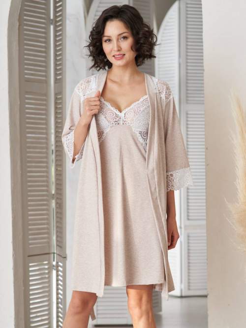 Комплект VM Olivia сорочка+халат; бежевый меланж (Арт. 6367)