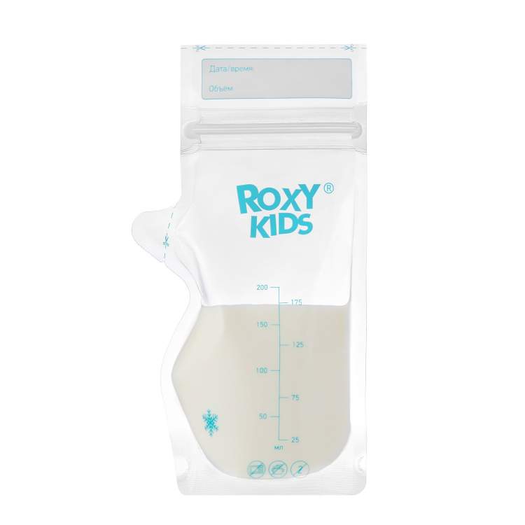 Пакеты для хранения грудного молока ROXY 25 шт (арт. 02197) Пакеты предназначены для удобного хранения, заморозки и транспортировки грудного молока. Надежная конструкция с усиленными боковыми швами исключает образование разрывов и трещин. Герметичная двойная молния предотвращает протекание. Благодаря устойчивому дну пакеты можно хранить как в вертикальном, так и в горизонтальном положении. Широкое горлышко позволяет удобно наполнить пакет, а специальный носик облегчает переливание молока из пакета в бутылочку. Поле для записей поможет зафиксировать объем и дату сцеживания, для определения объема можно воспользоваться мерной шкалой. Пакеты подходят только для одноразового использования. 
Состав:полипропилен