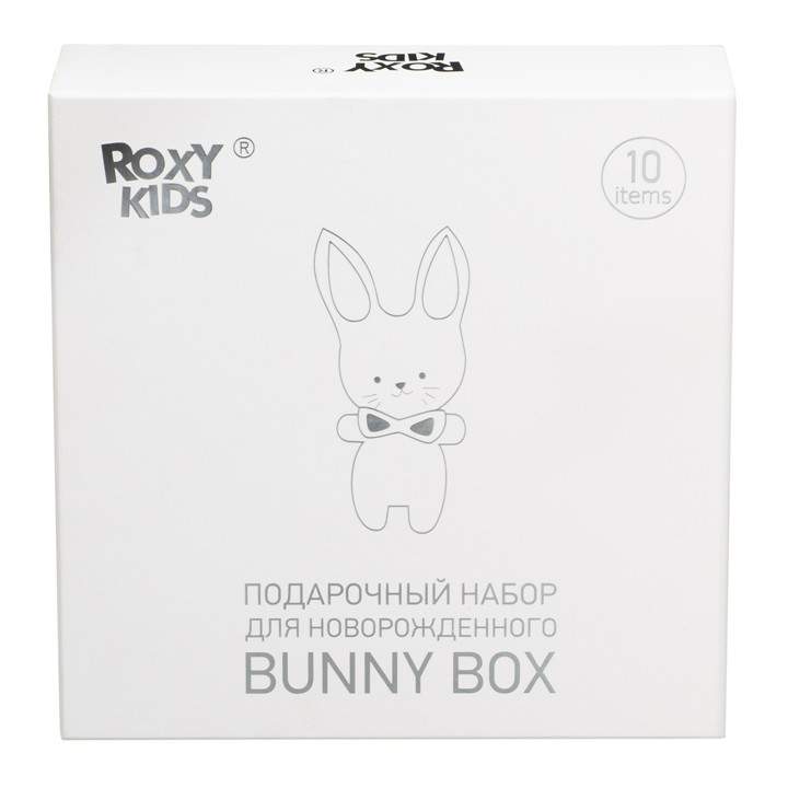 Набор для новорожденных Roxy Banny Box  (арт. 05197) Подарочный набор для новорожденного на выписку из роддома BUNNY BOX  поставляется в премиальной упаковке с фольгированием и приятным покрытием soft-touch. Это достойный подарок для беременной мамы и новоиспеченных родителей, который поможет упростить уход за малышом в первый год жизни. В комплекте представлены популярные аксессуары  для детей до года. Круг на шею для купания малышей Kengu позволит с легкостью купать ребенка, грызунок снимет неприятные ощущения от прорезывания первых зубов, медицинская газоотводная трубочка поможет избавить малыша от коликов в животике, подкладная клеенка подойдет для поддержания чистоты в доме, щеточка и расческа обеспечат должный уход за волосами, маникюрные ножнички помогут постричь первые тонкие ноготочки, безопасный термометр определит оптимальную температуру воды для купания, а мочалка-рукавичка очистит нежную детскую кожу во время купания. В комплекте также есть игрушка-сюрприз для малыша.